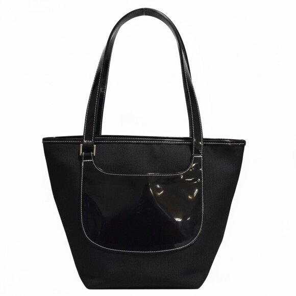 Estee Lauder Tote Y2K Work Lunch Travel Everyday Black Linen ey Patent Black New - Picture 15 of 15